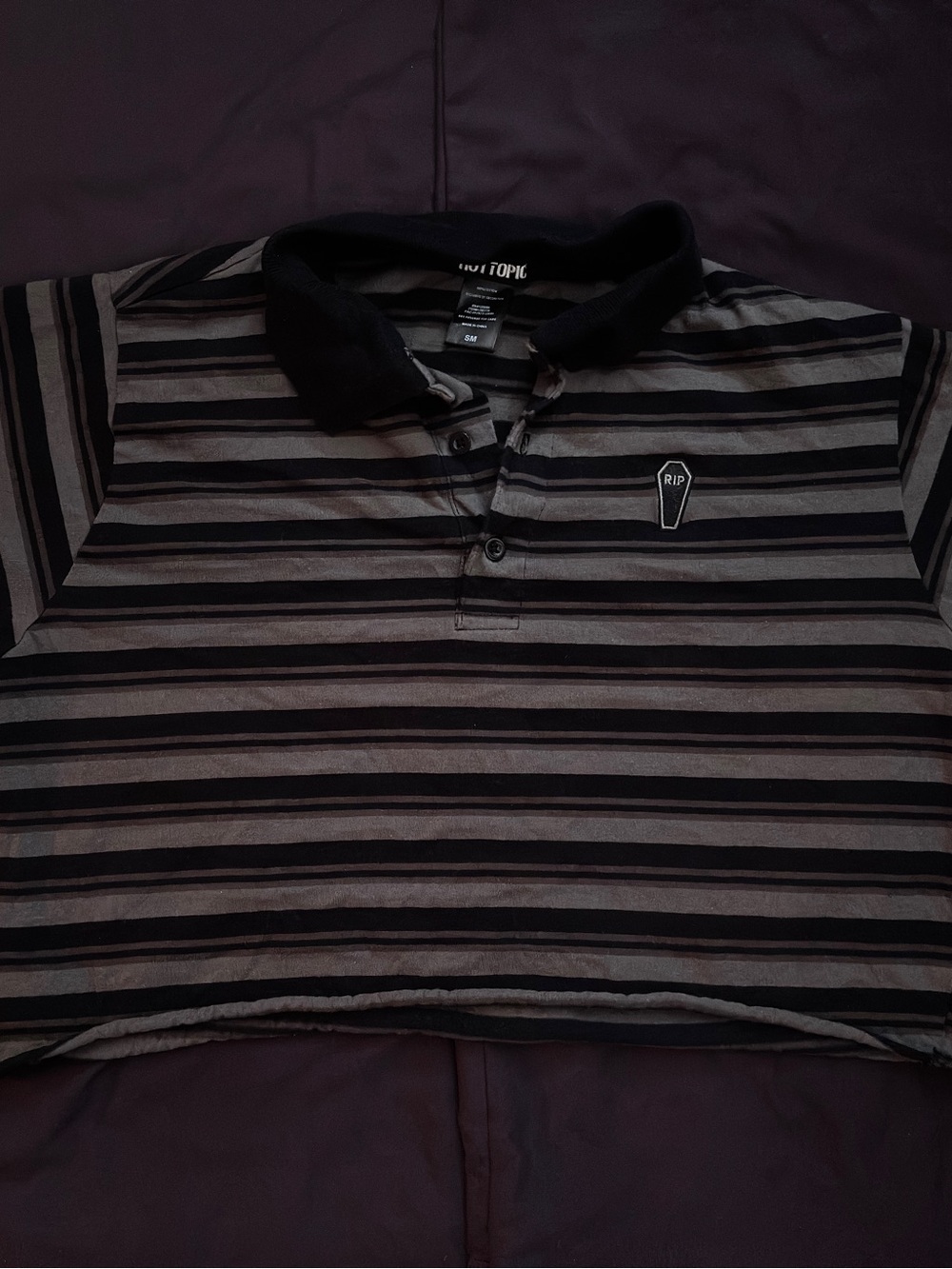 Hot Topic Black and Gray Striped Crop Polo